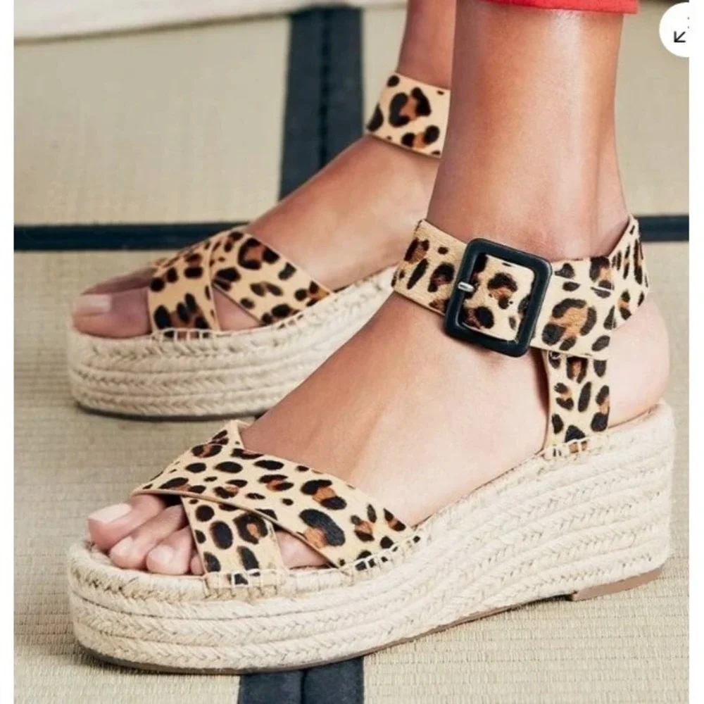 Sole Society Womens Audrina Platform Espadrille Sandals Sz 7.5 Calf Hair Leopard